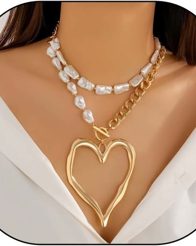 Chunky Big Heart Pendant Necklace with Pearl