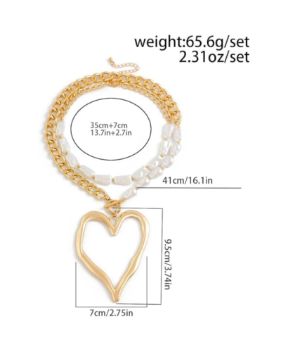 Chunky Big Heart Pendant Necklace with Pearl