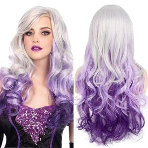 Long Curly Wavy Silver Grey to Purple Wig