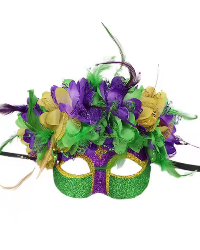 Mardi Gras Deluxe Masquerade Mask With Feather and Flowers