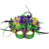Mardi Gras Deluxe Masquerade Mask With Feather and Flowers