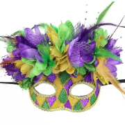 Mardi Gras Deluxe Masquerade Mask With Feather and Flowers