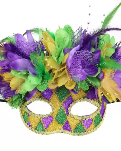 Mardi Gras Deluxe Masquerade Mask With Feather and Flowers